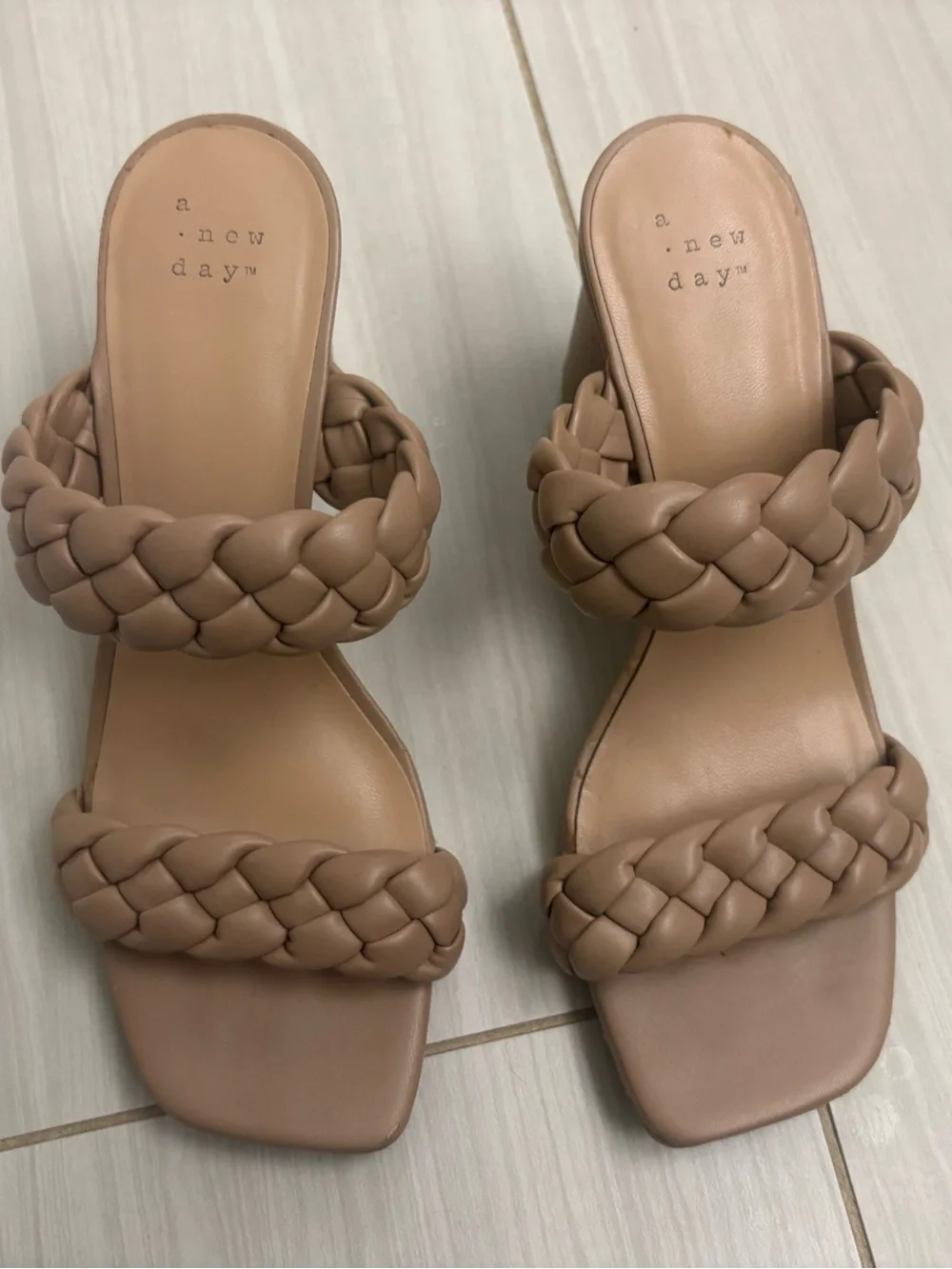 a new day Braided Two-Strap Tan Block Heel Sandals